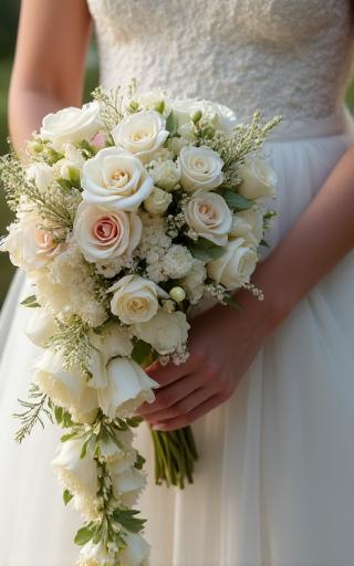 Detailed shot of a bride holding a cascading bouquet.