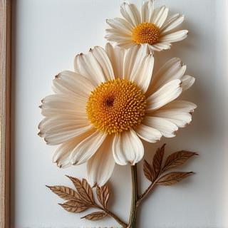 A close-up of a framed preserved flower art piece.