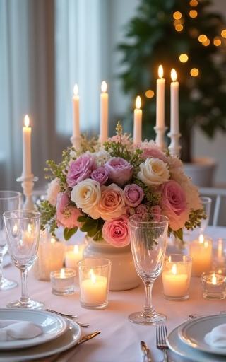 Elegant wedding table centerpiece with candles and pastel flowers.