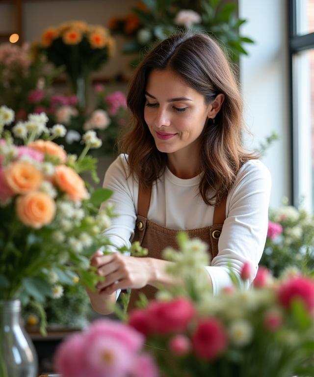 The founder of Avalon Petals arranging a bouquet in the Chelsea shop