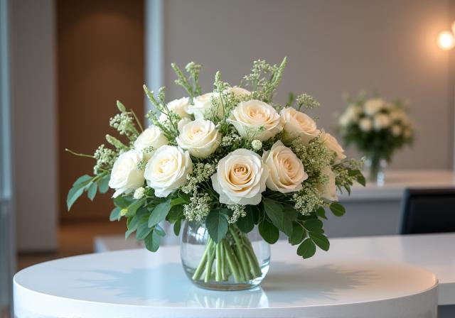 An elegant floral arrangement on a modern corporate reception desk.