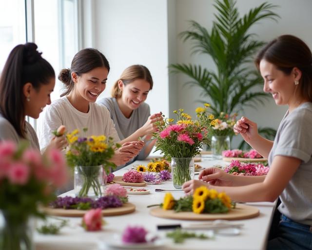 A group of people happily participating in a flower arranging workshop at Avalon Petals.